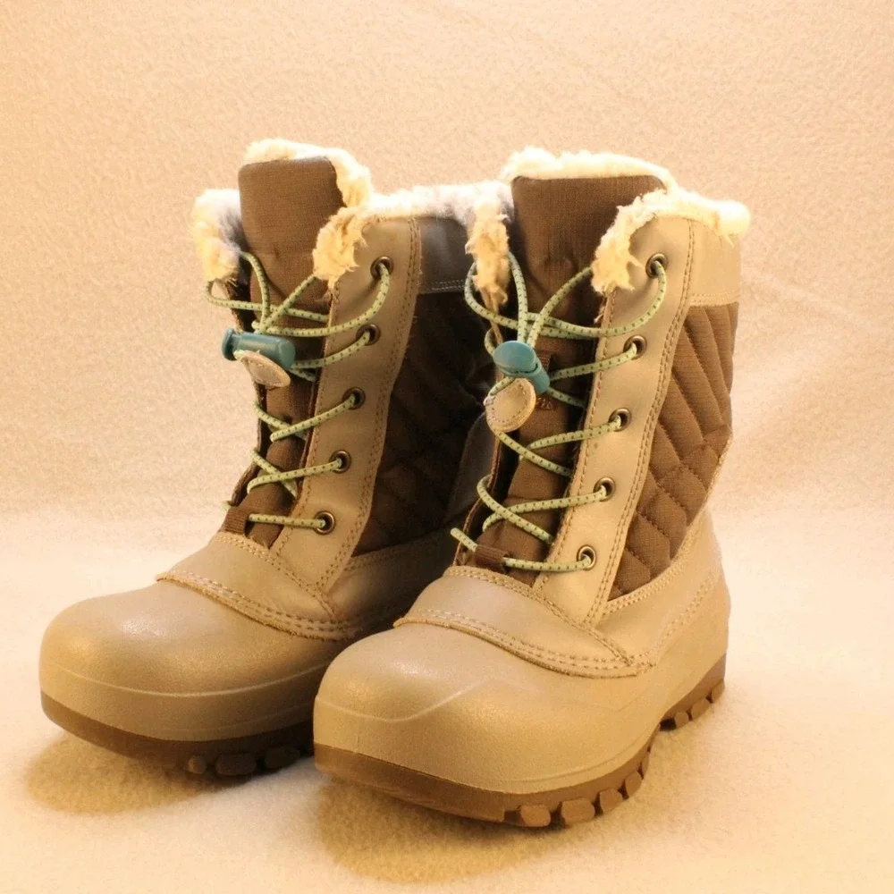 Thermolite Girls Snow Boots Size 1 Pink Gray Faux Fur Warm Winter Waterproof
